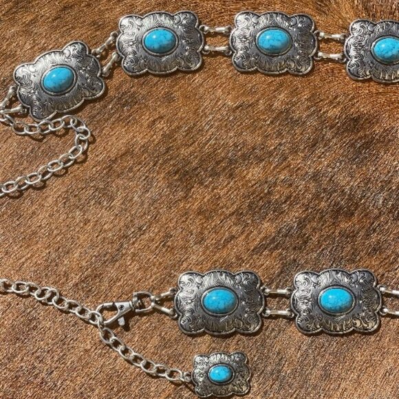 Accessories - Women's Western Concho Belt Turquoise and Silver Buckle